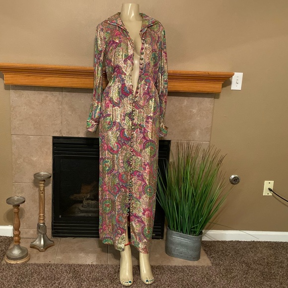 Vintage Harmay Chiffon metálico Floral Long Dress METALLIC - Picture 2 of 9